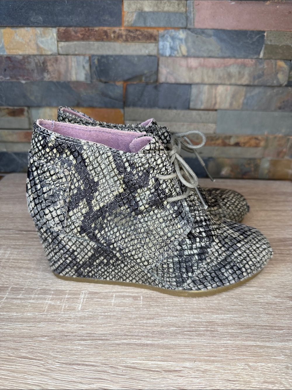 Tom’s wedge booties faux snake skin